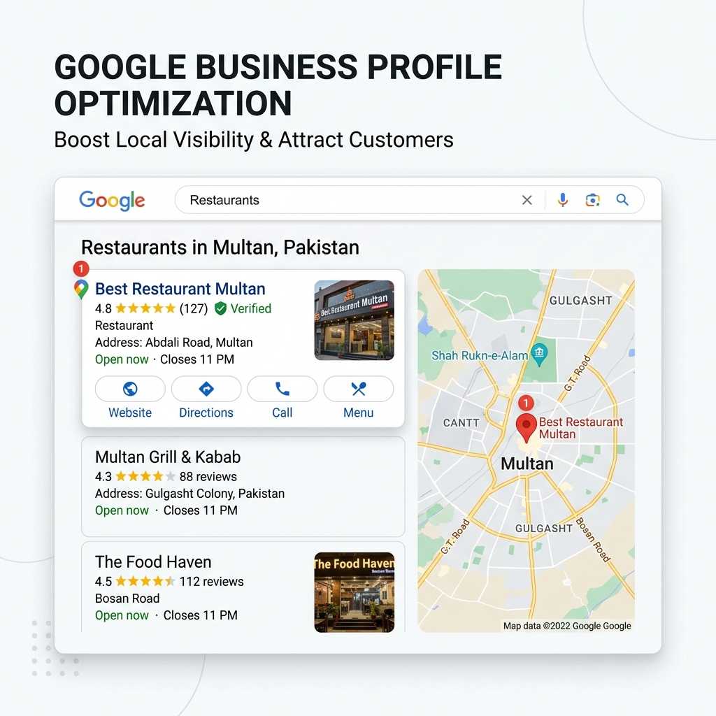Google Business Profile optimization results for a Multan business showing local pack ranking