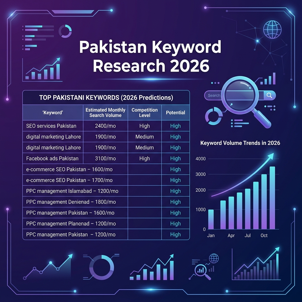 Keyword research showing search volumes for popular digital marketing keywords in Pakistan 2026