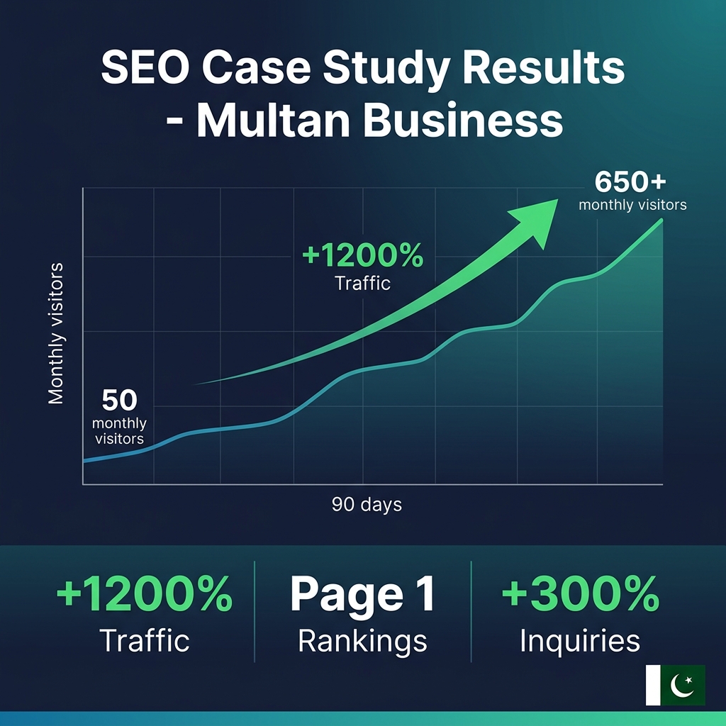 SEO growth strategy results showing 1200% traffic increase for a Multan small business